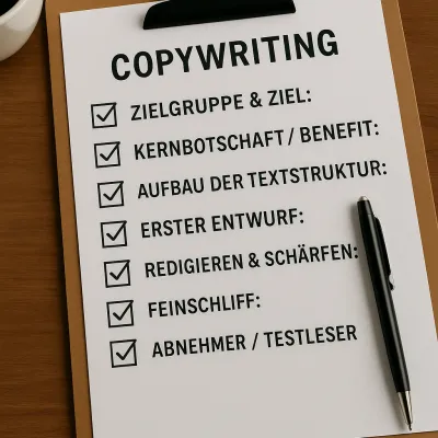 Notizbuch, Stift und Laptop für kreatives Copywriting